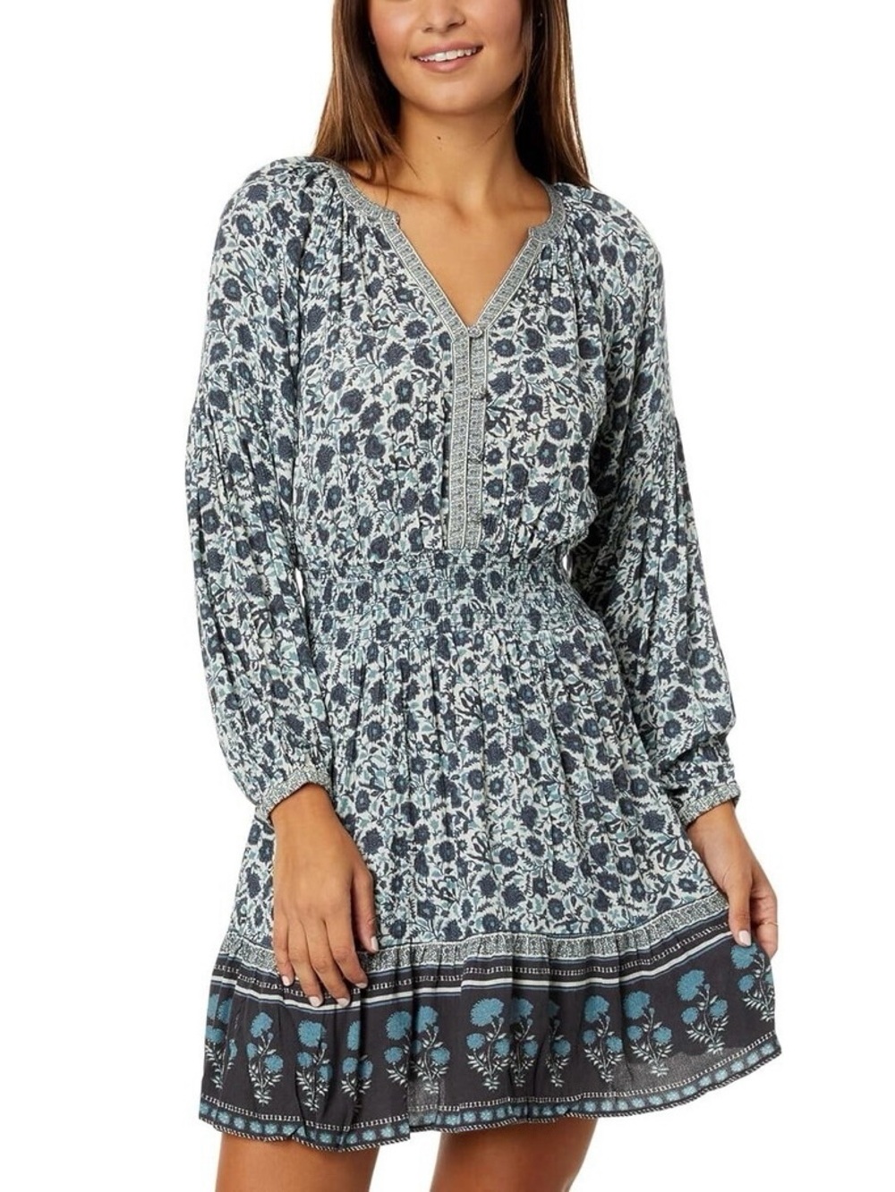 Faherty Blue Floral Montana Dress Crinkle Long Sleeve Small